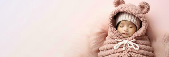 Newborn in full knitted cozy costume isolated on pastel background with a place for text photo