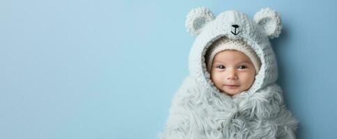 Newborn in full knitted cozy costume isolated on vivid background with a place for text photo