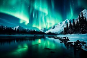 A breathtaking night sky illuminated by the dazzling hues of the Aurora Borealis a majestic background with empty space for text photo