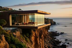 Capsule house perched on the edge of a dramatic cliff with ocean views photo