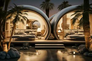 Capsule house in a desert oasis surrounded by sand dunes and palm trees photo