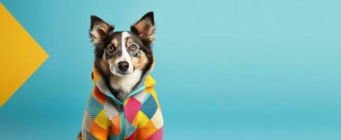 Dog in full knitted cozy costume isolated on vivid background with a place for text photo