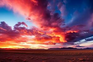 A stunning sunset illuminates rainbow clouds over vast desert landscapes with an expansive background for text placement photo