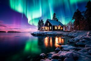 Captivating colors dance in the Nordic sky as the mystical Aurora Borealis enchants observers with its ethereal beauty photo