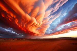 Vibrant rainbow-hued clouds hang majestically over the vast golden desert creating a breathtaking masterpiece in the sky photo