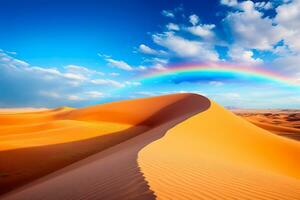 Vibrant rainbow arcs gracefully over golden sand dunes creating a surreal and mesmerizing contrast in the desert landscape photo