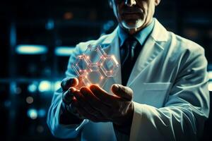 Hand holding hexagon frame Medicine science and health care tech concept background illustration photo