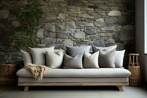 Light grey living room sofa with pillows in front of a natural stone wall photo