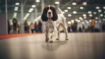 Pedigreed purebred English springer spaniel dog at exhibition of purebred dogs. Dog show. Animal exhibition. Competition for most purebred dog. Winner, first place, main. Advertising, AI generated photo
