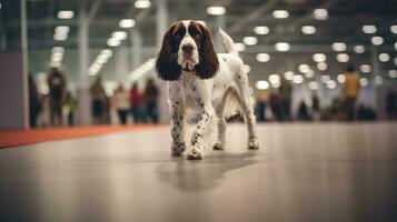 Pedigreed purebred English springer spaniel dog at exhibition of purebred dogs. Dog show. Animal exhibition. Competition for most purebred dog. Winner, first place, main. Advertising, AI generated photo