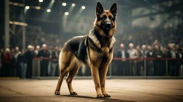 Pedigreed purebred German Shepherd dog at exhibition of purebred dogs. Stage, spotlights, spectators. Dog show. exhibition. Competition for most purebred dog. Winner, first place. AI generated photo
