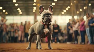 Pedigreed purebred French bulldog dog at exhibition of purebred dogs. Light gray color. Dog show. Animal exhibition. Competition for the most purebred dog. Winner, first place. AI generated photo
