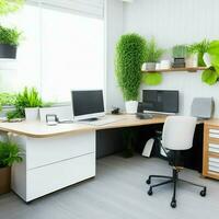 moderno oficina lugar de trabajo con verde planta ai generado foto