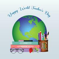 Happy World Teachers Day typography with globe earth and education elements vectors