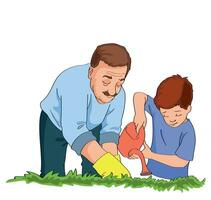 boy watering flowers with his grandfather vector