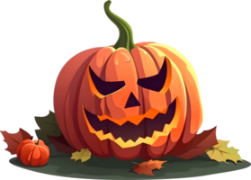 Jack-o-lantern Halloween pumpkin with autumn leaves, AI generated png