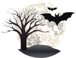 Scary Halloween night decoration with moon, bats and tree silhouette, PNG file no background,  AI generated