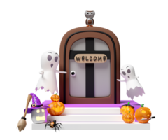 3d halloween Semester fest med söt spöke, ristade pumpa, placerad på de trappa, Spindel, gammal dörr, märka Välkommen, Uggla, häxa hatt, wand isolerat. 3d framställa illustration png