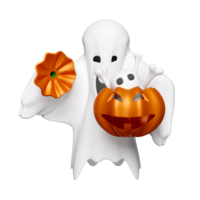 3d halloween day concept with cute ghost holding magic cauldron pumpkin, skull, skeleton isolated. holiday party, 3d render illustration png