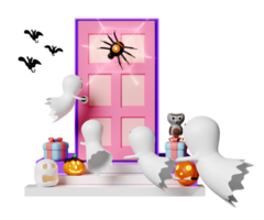 3d halloween holiday party with cute ghost, carved pumpkin, skull, gift box placed on the stairs, spider and spider web on door, bats, cute owl isolated. 3d render illustration png