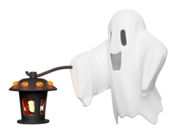 3d halloween holiday party with cute ghost flying holding storm lantern isolated. 3d render illustration png