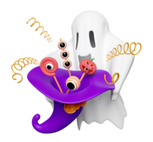 3d halloween holiday party with cute ghost flying holding witch hat, candy, snacks isolated. 3d render illustration png