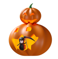 3d halloween holiday party with pumpkin, grim reaper hand holding scythe isolated. 3d render illustration png