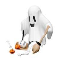 3d halloween day with cute ghost, witch wand, pumpkin, skull, shovel garbage isolated. holiday party, ghost cleans the floor, 3d render illustration png