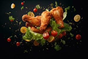 Flying elements of fried chicken with tomatoes and parsley, Generative AI photo