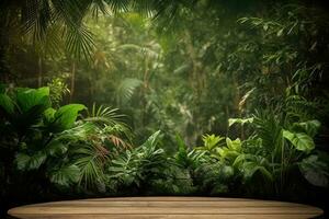 A wooden platform with a large leafy green background photo