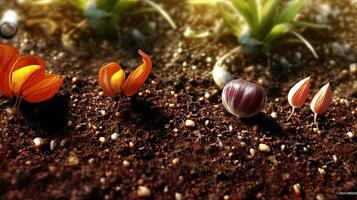 germinando semillas de vegetal en el tierra en varios estaciones, ai generado foto