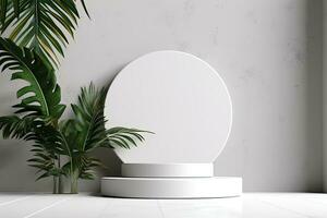 white round podium with a plant in it and a white vase with a green plant photo