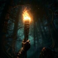 hand holding torch on forest background photo