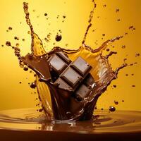 Chocolate liquid and chocolate bar splashing in the middle isolated on yellow background. Hot chocolate. photo