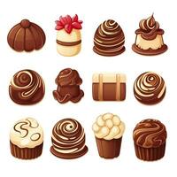 Illustration of Luxury Assorted Chocolate Collection. Chocolate candies icons set. Cartoon illustration of 12 chocolate candies icons for web design. Candy bar. photo