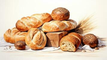 Composition with fresh bread and wheat ears on a white background. Bread and buns on a white background, watercolor illustration. photo