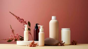 A set of natural cosmetic products on a color background. photo