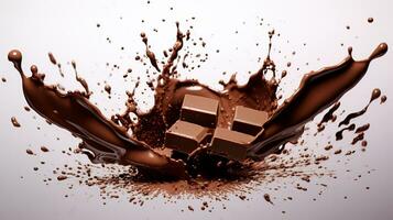 Chocolate background. Chocolate bar in hot chocolate. Splashes on a white background. photo