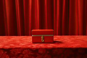 A red box with a red envelope on a table in front of a red curtain photo