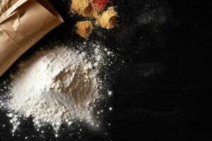 Grain sprinkled flour sits on a table next to a bowl of wheat and a bowl of oats photo