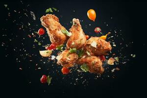 Flying elements of fried chicken with tomatoes and parsley, Generative AI photo