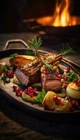 A close up of Lamb meat on a chopping board, ready to eat photo