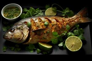 Whole fish with a grilled skin Arab food Generative AI photo