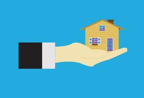 hand holding up house, serving as a symbolic representation of a mortgage and affordable housing. This pictogram is isolated on a blue background, providing a clear.concept vector