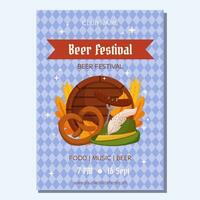 Beer festival poster template. Design with Tyrolean hat, fork with grilled sausage, pretzel, wooden barrel, wheat and leaves. Light blue rhombus pattern vector