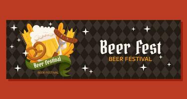 Beer festival horizontal banner template. Design with glass of beer, pretzel and fork with sausage, wheat and leaves. Rhombus pattern on back vector