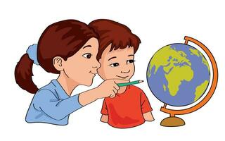 cute children examining world map vector