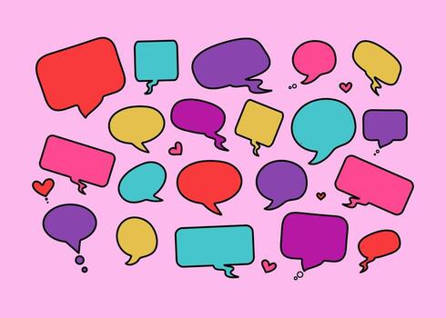 Empty speech bubbles. Bright stickers, information form for short phrases and text. Set, Vector illustration on isolated background.