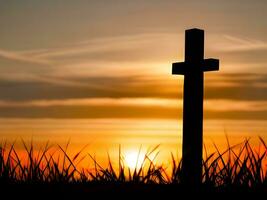 cross in the field at sunset photo