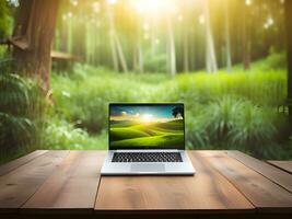modern laptop on wooden table in nature. 3d rendering photo
